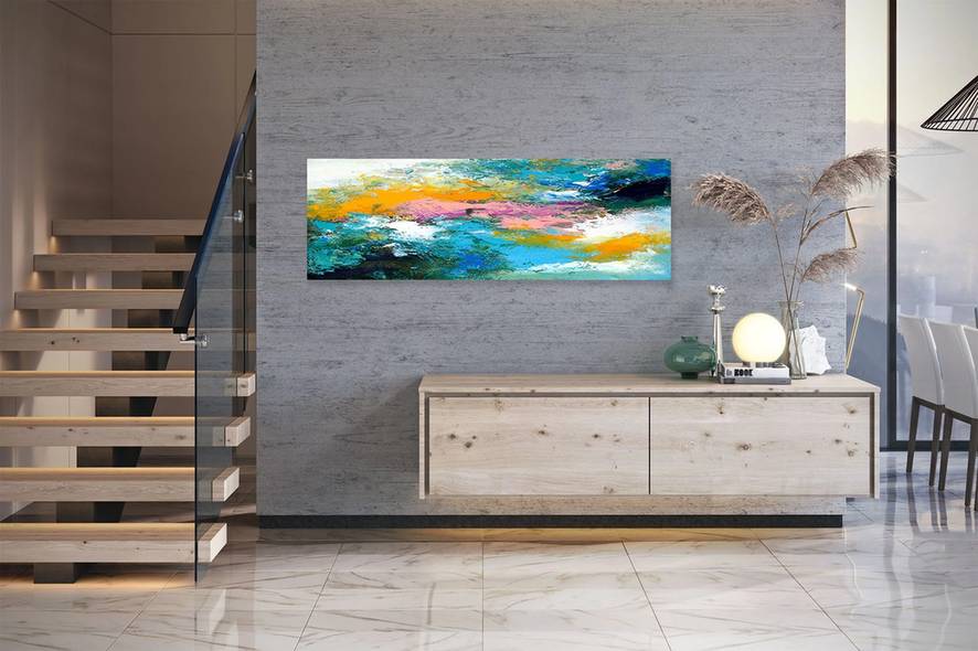 Orange Hand-Painted Contemporary - big framed canvas for hallway